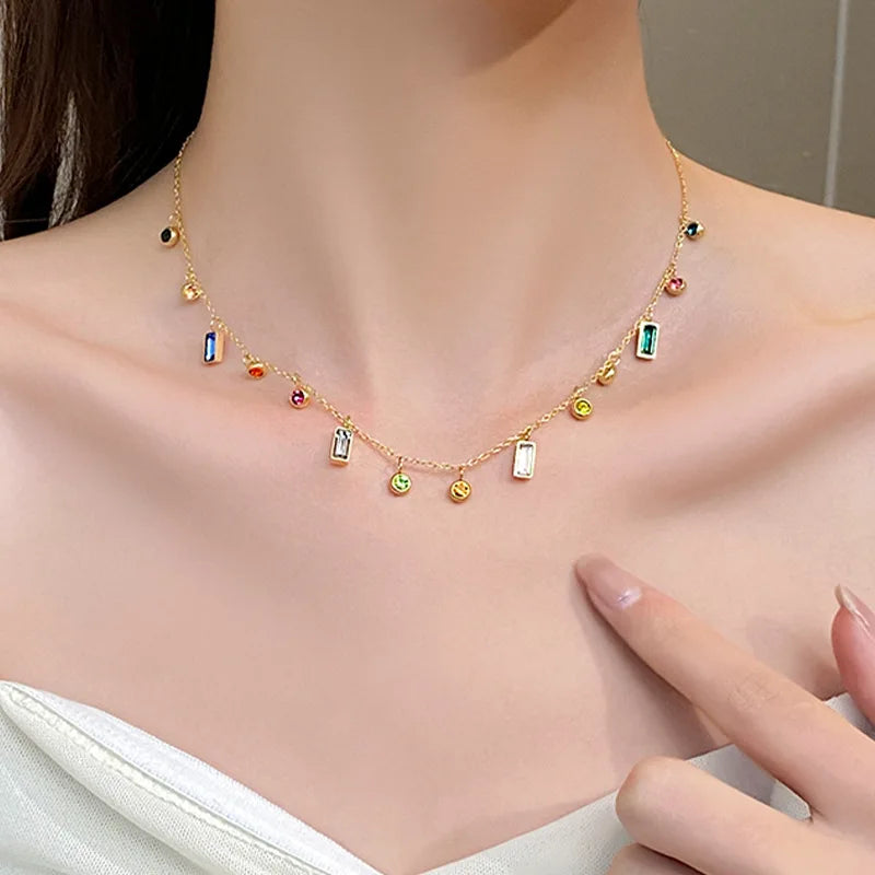 Hot Sale Multi Color Crystal Necklace Fashion 18K Gold Plated Stainless Steel Zircon Diamond Necklace for Women