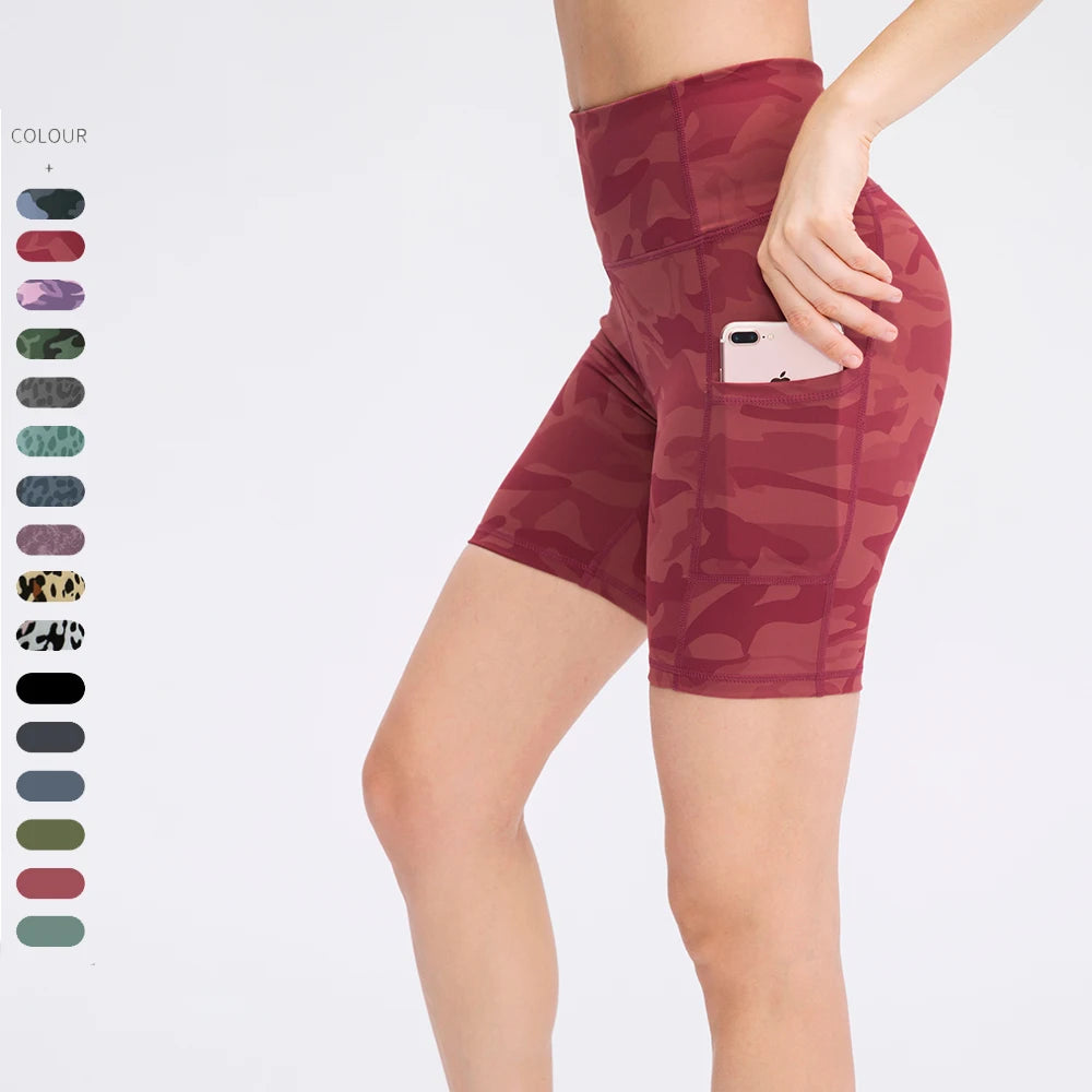 Gym Fitness High Waist Printed Camouflage Workout Biker Sports Yoga Shorts With Pockets for Women