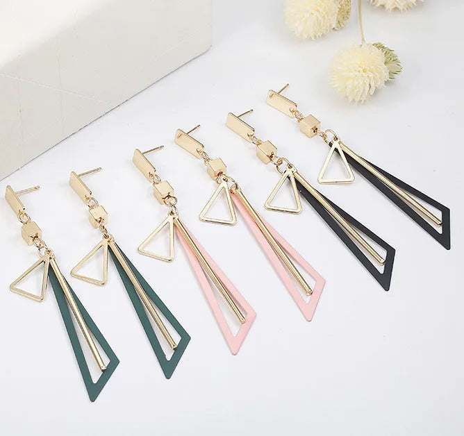 Simplicity Fashion Gold Plated Girls Earrings Creative Hollow Geometric Earrings Personalized Long Triangle Tassel Earrings