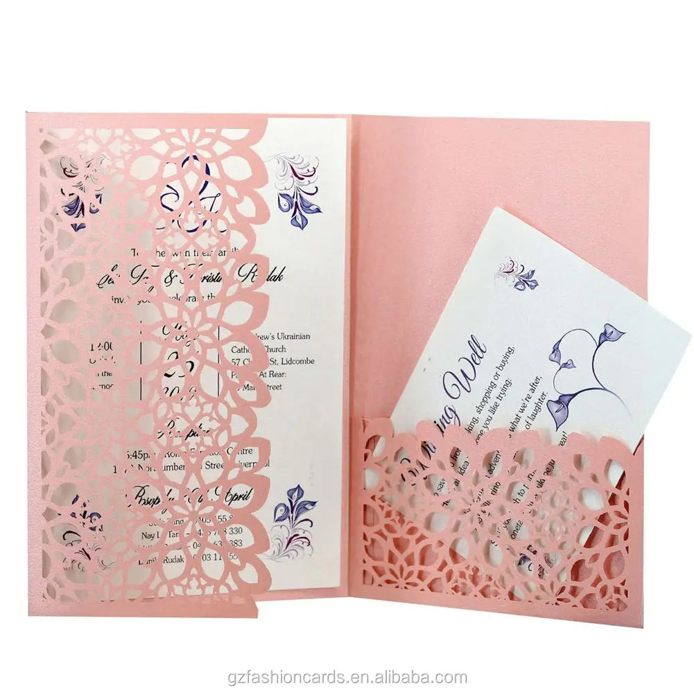 Pink Color Laser Pocket Invitation Card Laser Cut Wedding Invitation Card with RSVP Cards