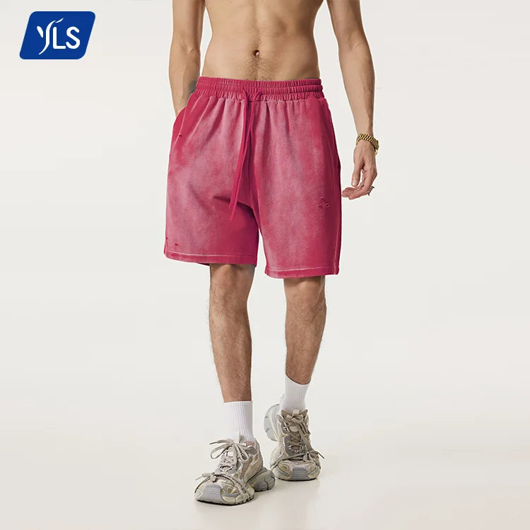YLS2013 330g 100% Cotton Wholesale Gym Shorts Relaxed Fit Distressed Monkey Wash Mens Summer Sweat Shorts