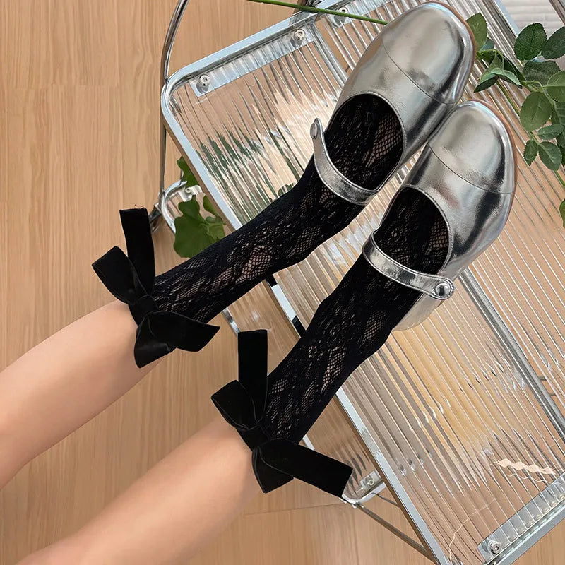 Wholesale Luxury Black and White Lace Bow Tube Socks for Women Breathable Anti-Slip Crew Length for Autumn Y2K Calf Coverage