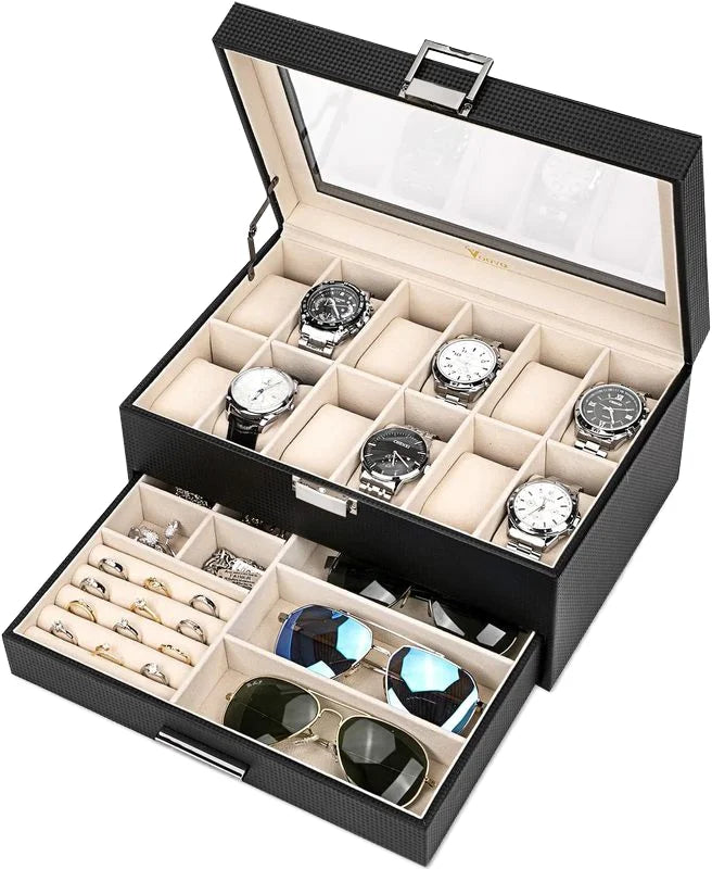 Yajie Luxury Square Double Layer MDF Fiber Leather PU Men's Women's Jewelry 12 Slots Watch Box Case Recycled Materials Shock