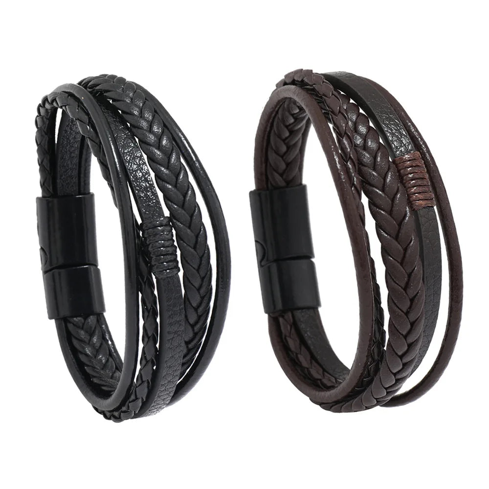 2025 New Leather Bracelet Multilayer Stainless Steel and Leather Bracelets Magnetic Korean Bracelet for Men Jewelry Gift