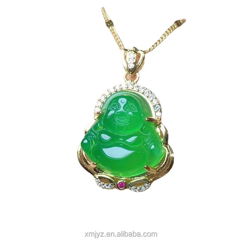 Gold Plated Gold Inlaid Chalcedony Buddha Jade Pendant Grinding Technology Smiling Buddha Gold Inlaid With Jade Pendant Live