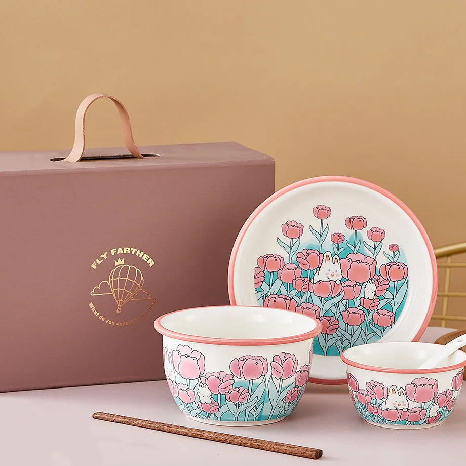 Cute Single Rabbit Cartoon Ceramic Tableware Set Eco-Friendly PC Made Bowl Dinner Salad Soup Plate with a Pink Gift Box