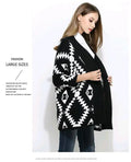2024 Autumn Winter Black and White Women Rhombus Jacquard Casual Chunky Knitted Long Cardigan Vintage Aztec Sweater Cardigan