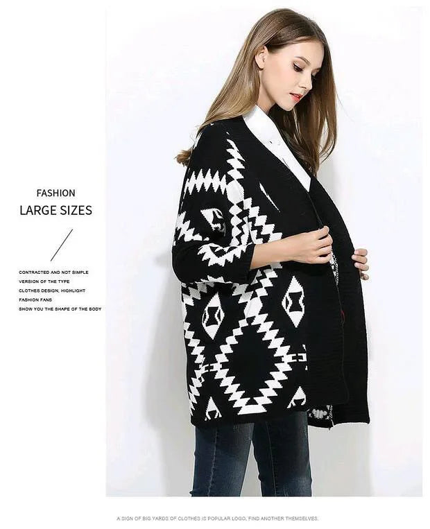 2024 Autumn Winter Black and White Women Rhombus Jacquard Casual Chunky Knitted Long Cardigan Vintage Aztec Sweater Cardigan