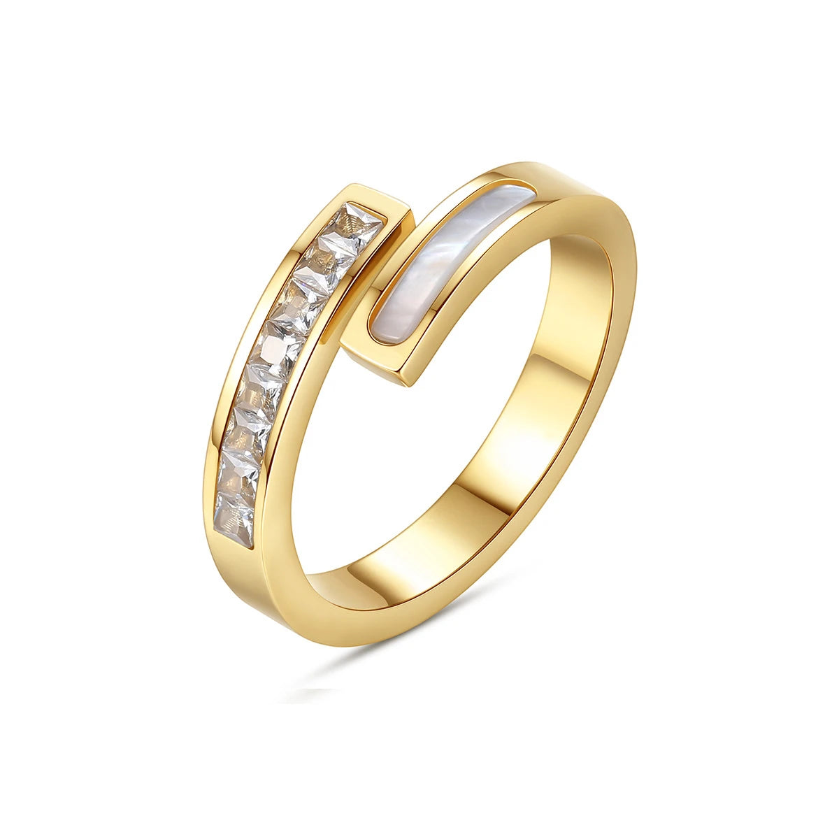 Fashion Wholesale Titanium Steel 18K Gold IP Plating Stainless Steel Dislocation Shell Zircon Double Wrap Adjustable Ring