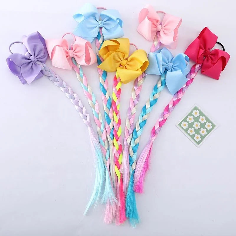 Sweet Pink Long Braid Wig Headband for Kids Big Grosgrain Ribbon Bow Hair Tie & Ponytail Excellent for Kids' Hair Styling