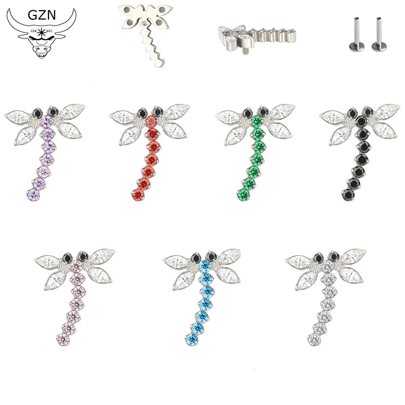 GZN Piercing Body Jewelry ASTM F136 Titanium CZ Pave Dragonfly Internally Threaded Top Labrets Earring Jewelry