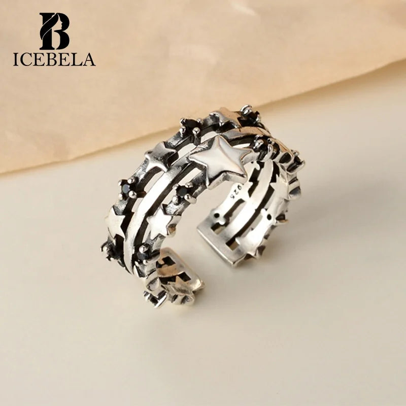 ICEBELA 925 Sterling Silver Vintage Color 3 Layers Inlaid Black 5A Zircon Star 925 Sterling Silver Fashion Jewelry Rings