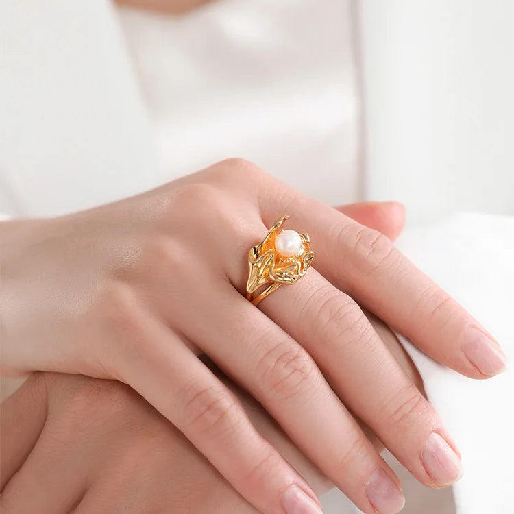 Shescity Trendy Opening Gold Plated Brass Freshwater Pearl Rings Minimalist Wrinkles Designer Women Silver Finger Rings Jewelry
