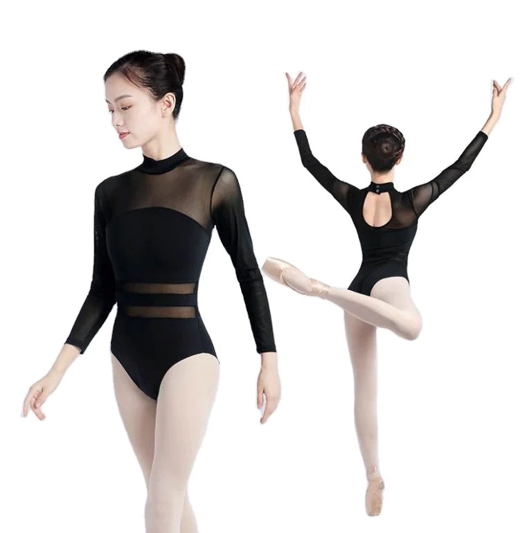 Standing Collar Lace Ballet Dance Leotard Women Holes Back Black Training Dance Wear Gymnastic Yoga Dance Costume