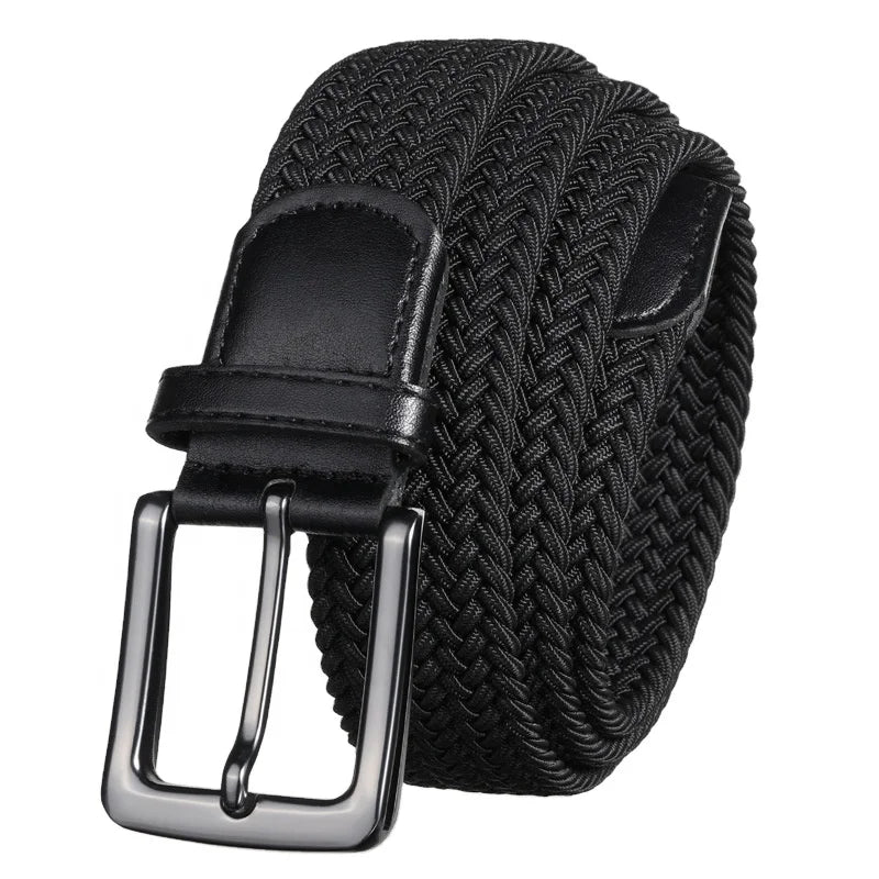 Wholesale 1.34" Wide Stylish Men's Elastic Woven Waist Belt Metal Pin Buckle Stretch Braided Golf Fabric Belt Length 115CM