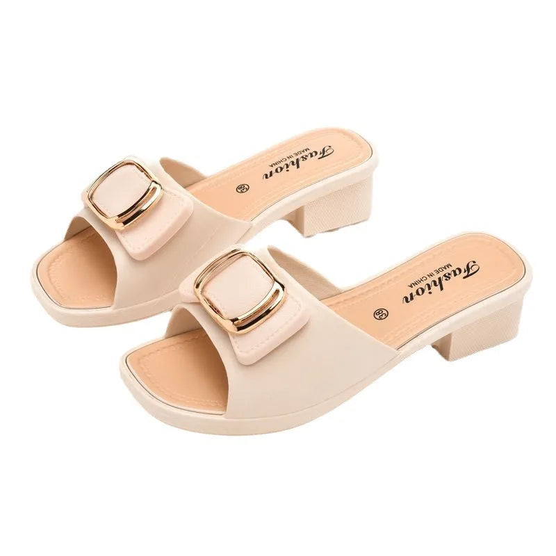 Outdoor Fashionable Women's High-heeled Sandals with Height-increasing Anti-slip Features and Slip-on Design for Summer.