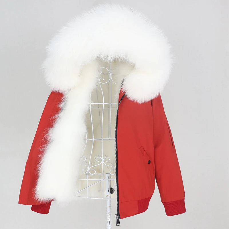 OFTBUY 2023 Women's Waterproof Bomber Parka Winter Jacket with Natural Fox Raccoon Fur Collar Windproof Overcoat Removable Hood