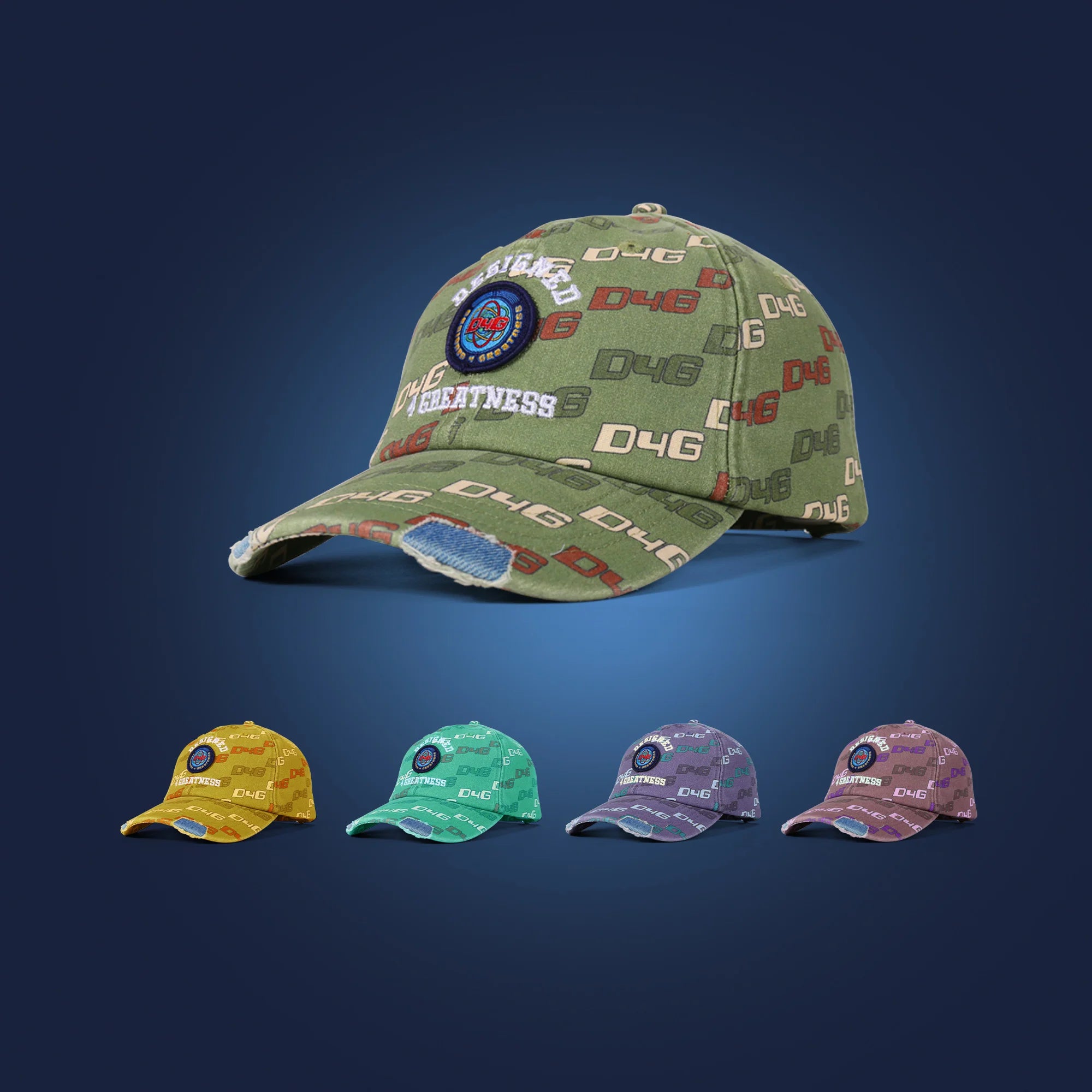 Oem Fitted Green Full Print Patches Embroidery Custom Logo Distressed Hats Baseball Cap