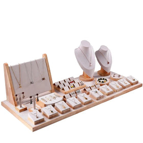 Large Counter Wood Beige Microfiber Jewelry Container Display Holder Prop