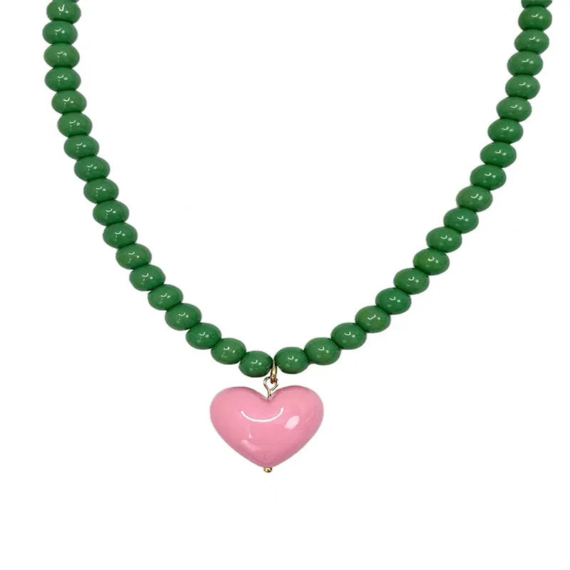 Fashion Jewelry Cute Colorful Beads Pearl Heart-Shaped Pendant Sweet Girl Dating Ins Charm Necklace for Anniversaries