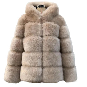Jtfur Factory Cropped Ladies Faux Fur Garment Outdoor Hooded Winter Solid Color Custom Women Faux Fur Coat