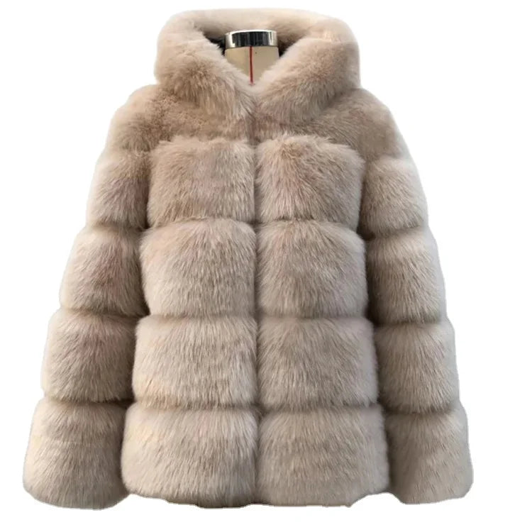Jtfur Factory Cropped Ladies Faux Fur Garment Outdoor Hooded Winter Solid Color Custom Women Faux Fur Coat