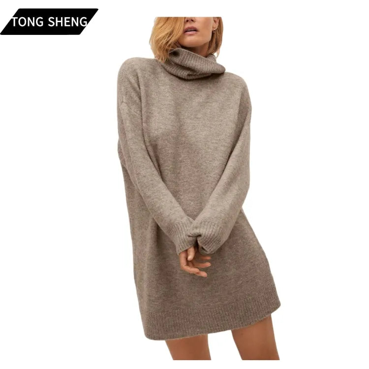Woman Wool Knitwear Turtleneck Straight Long Sleeve Oversized Pullover Cashmere Sweater Dress