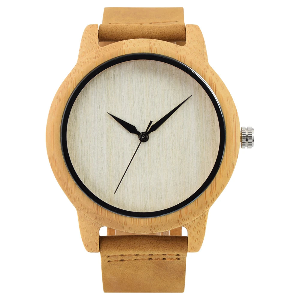 Latest Fashion Round Bamboo Wood Genuine Leather Watch 40mm Simple Natural Dial and Quartz Movement