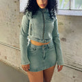2024 New Arrival Elastic Denim Long Sleeve Casual Midi Skirt Set for Women Digital Sticker Embroidered Two-Piece Clothing