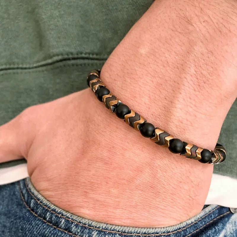 6mm Beaded Bracelet for Men Jewelry Bohemian Natural Gemstone Black Onyx Dainty Stretch Arrow Hematite Bracelet