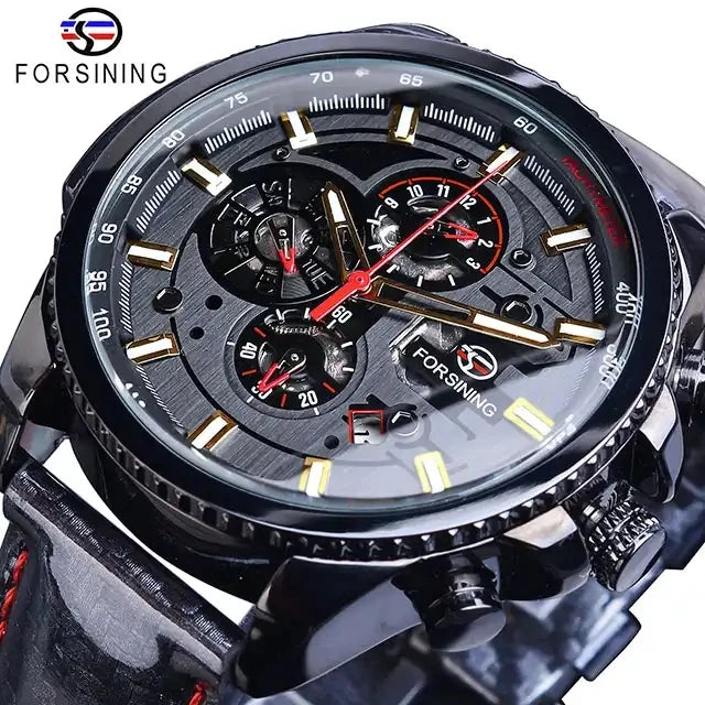 Forsining Watch Men Leather Sport Mechanical Wristwatch Automatic Self-Wind Clock Date 3 Dials Shiny Business Waterproof Watch