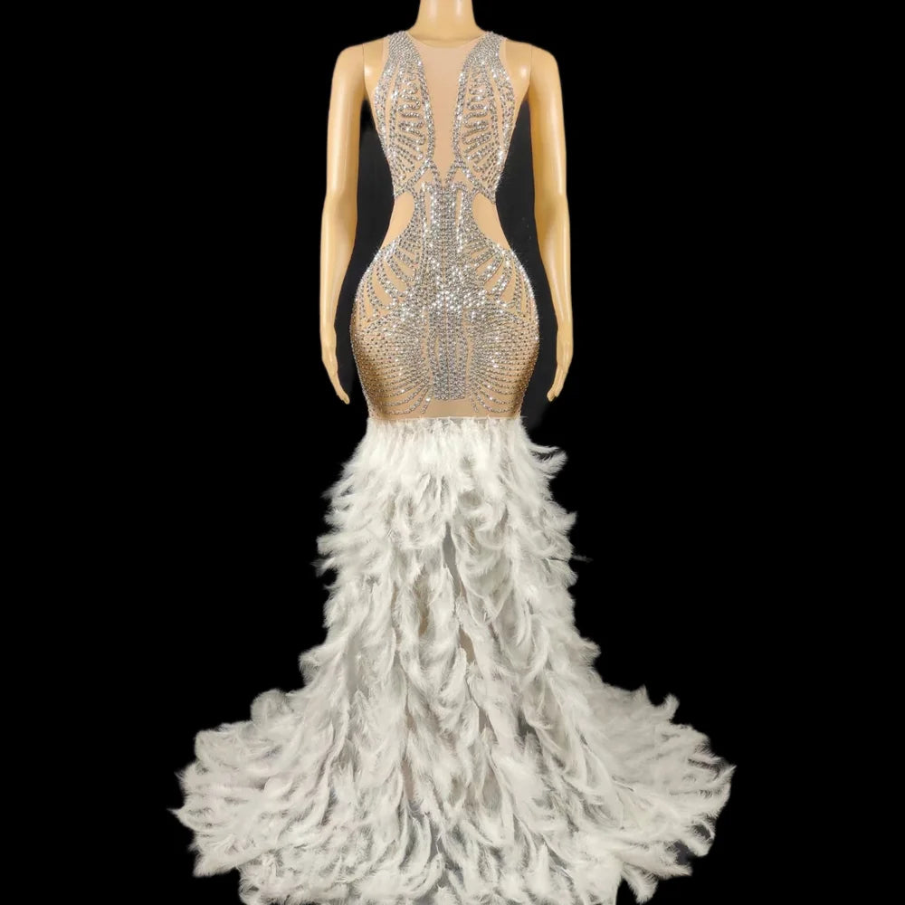 Elegant Sleeveless Rhinestone Ball Gown Women Birthday Party Formal Long Dress Feathers Sexy Banquet Mermaid Evening Dresses