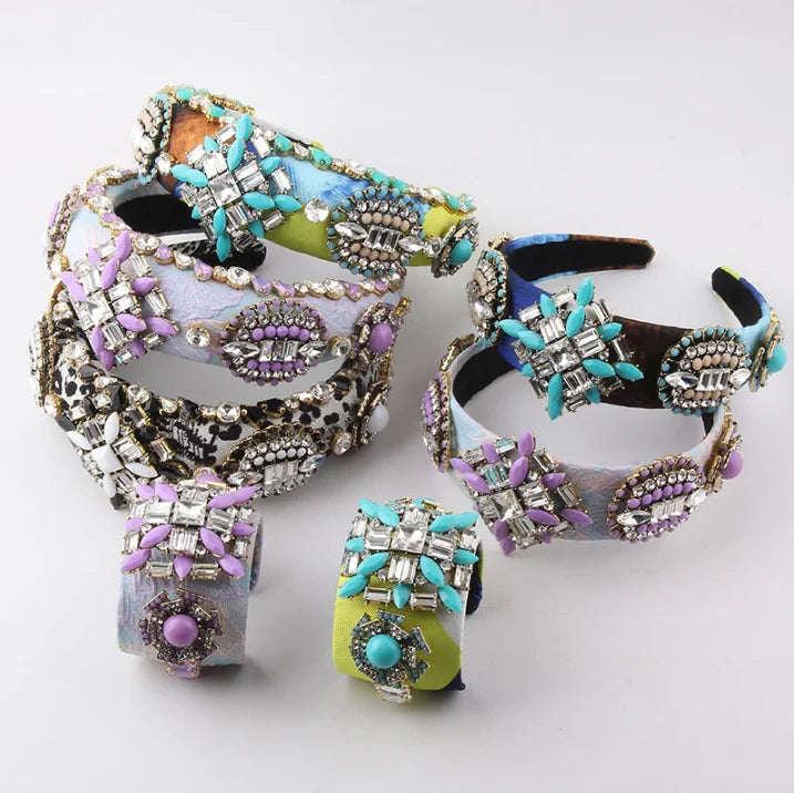 New Fashion European and American Baroque Sponge Exaggerated Diamond Bracelet Headband Set for Women Girls Hair Accessories