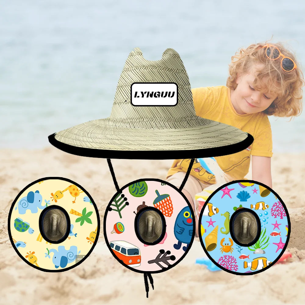 Summer Sunshade Natural Grass Kids Lifeguard Straw Hat for Surfing Customized Logo Patch Surf Safari Beach Hat Baby Straw Hat