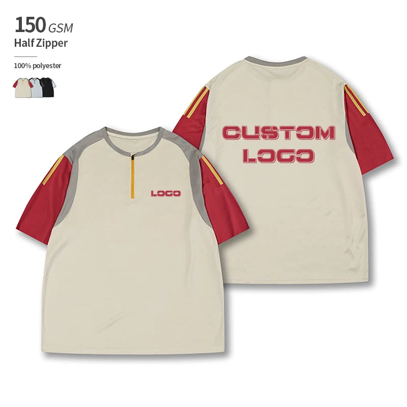 Half-Zip Sports 150 GSM Quick-Drying Breathable Knitted Mesh Fabric Custom OEM 100% Polyester Men's T-Shirt with Short Sleeves