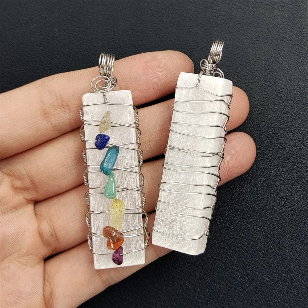 Natural Stone Crystal Pendant Female bar Shape Rectangular Selenite Pendant Wire Wrapped 7 Chakra Beads White Quartz Charms