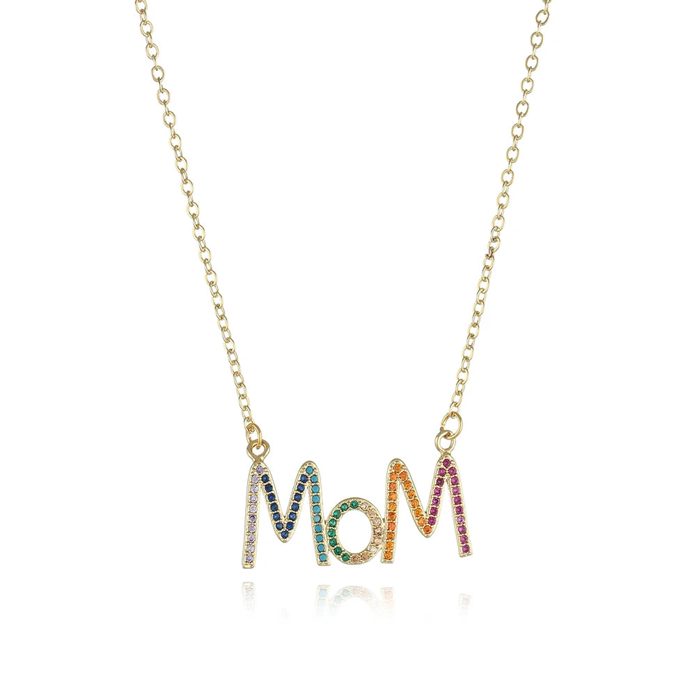 New Mother's Day Classic Style Necklace with MAMA MOM Charm Pendant Micro Pave CZ and Copper Link Chain Jewelry Gift