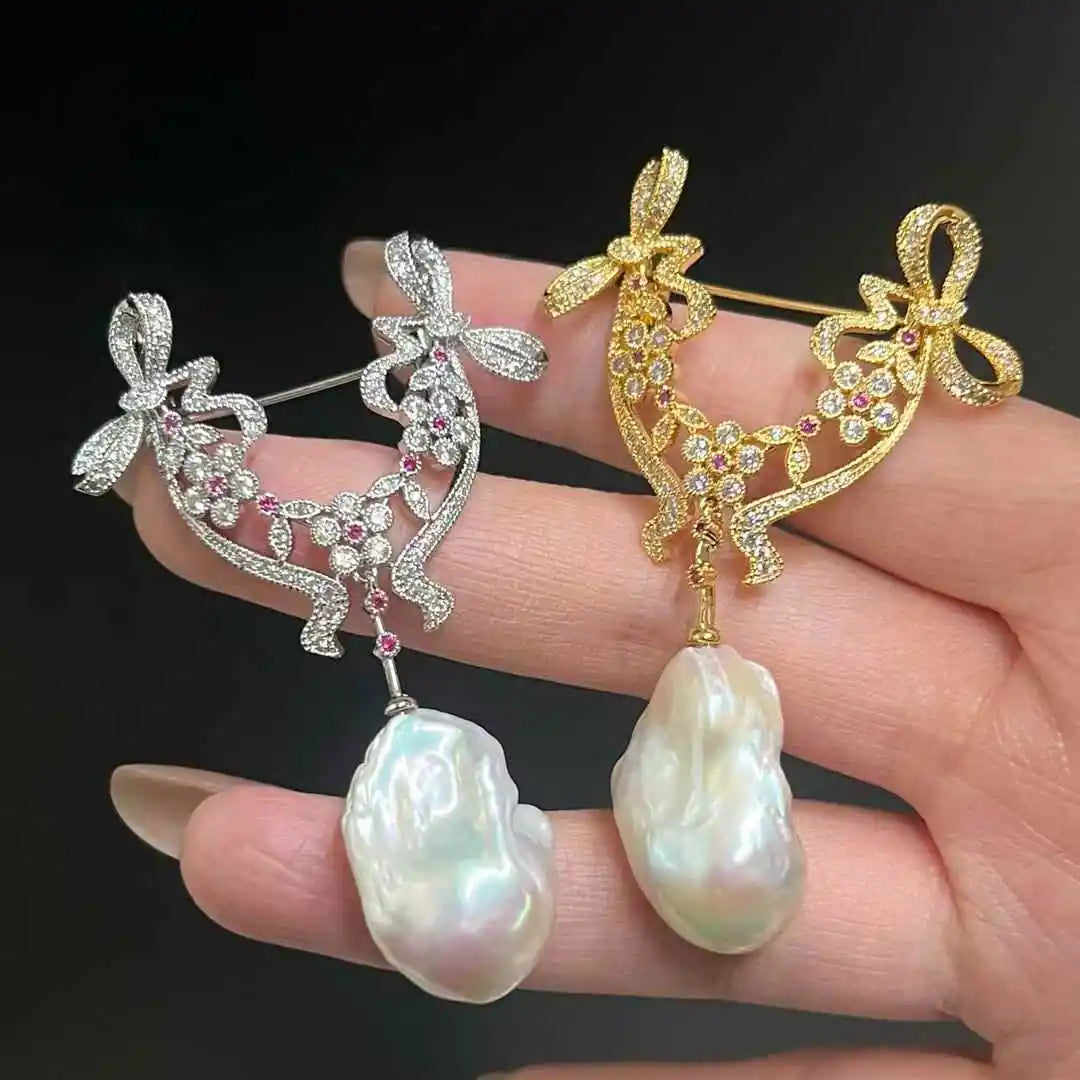 Renaissance Palace Style Brooch Pendant Versatile Natural Freshwater Baroque Pearl Vintage Bow Palace Fine Brooch