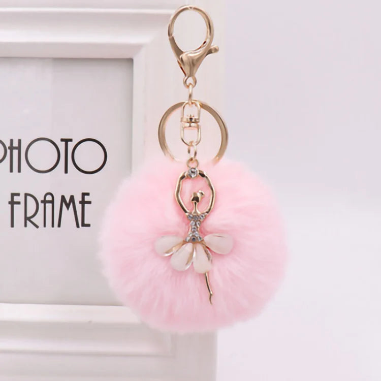 RisingMoon Multicolor Crystal Diamond Ballet Girl Charm Keyring Rhinestone Dance Angel Pom Pom Keychains