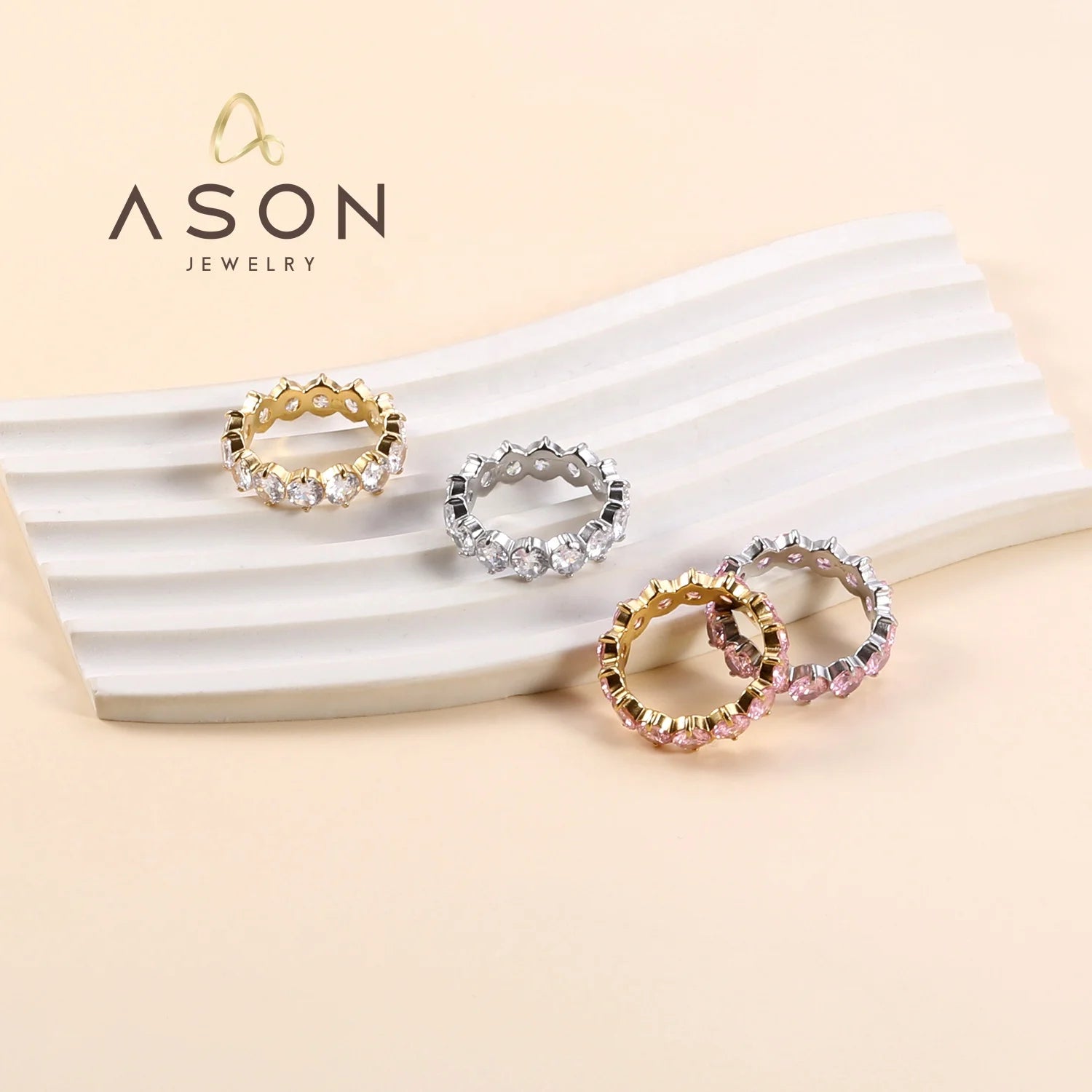 Ason Trend  Fashion Jewelry Color pink Zircon Wedding Ring Diamond 18k Gold Plated Stainless Steel Gem Stone Rings for Women