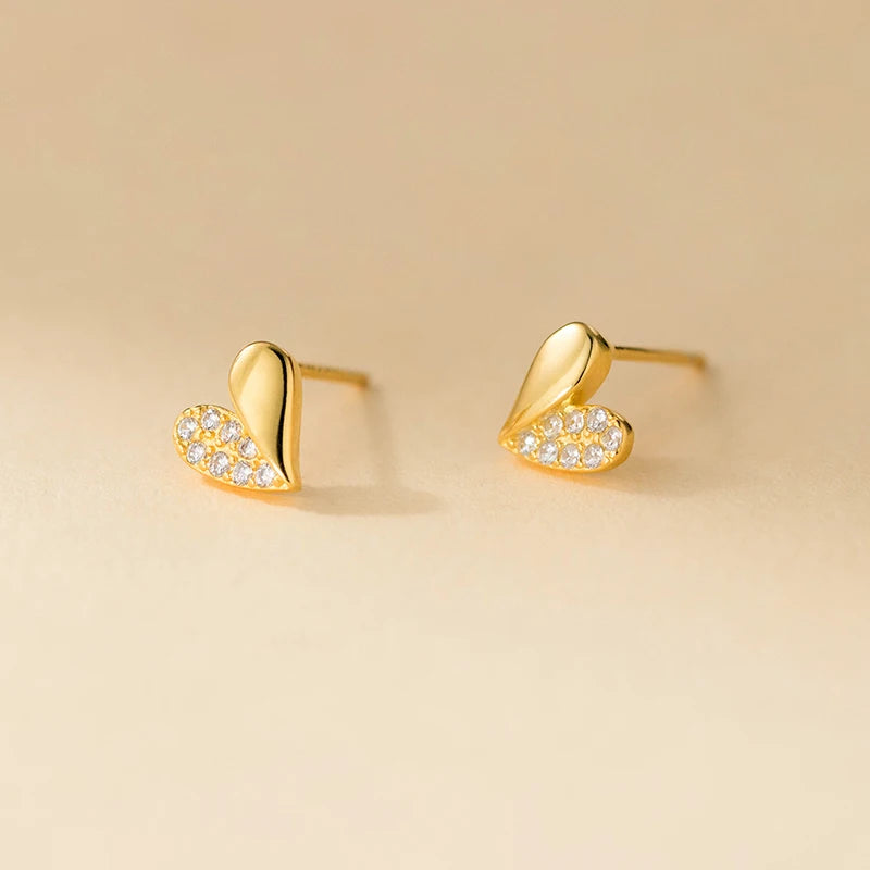 Romantic Asymmetrical Love Heart Shaped Stud Earrings for Women 925 Sterling Silver 18K Gold Plated Zircon Infused Geometric