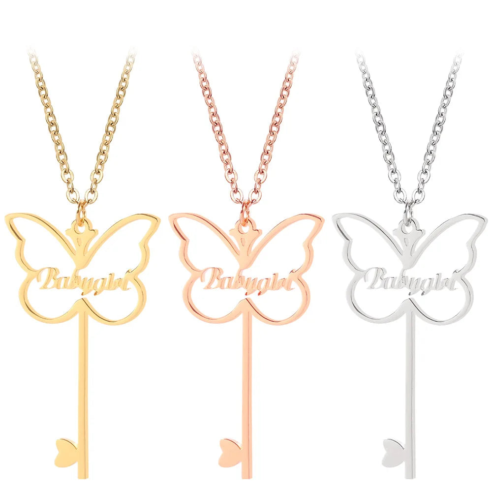 Custom Butterfly Key Name Necklace 18K Gold Plated Stainless Steel Pendant Link Chain Romantic Personalized Jewelry Gift