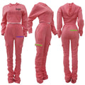 LYN943 Women's New 6-Color Hoodie Jogger Set Solid Pattern Woolen 2-Piece Tracksuit Stacked Pants Pockets Short for Winter