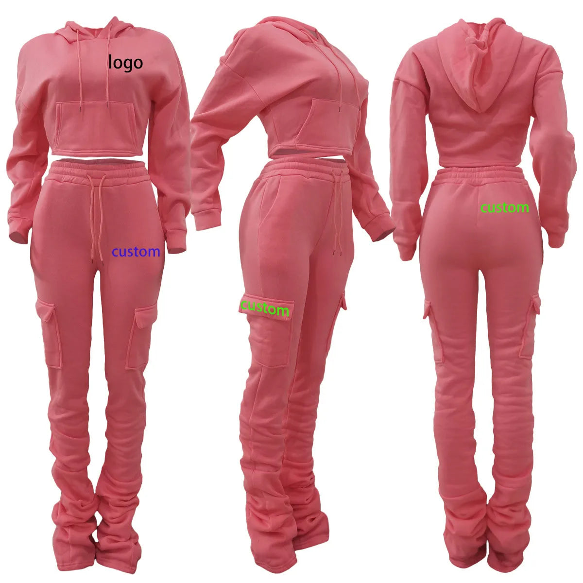 LYN943 Women's New 6-Color Hoodie Jogger Set Solid Pattern Woolen 2-Piece Tracksuit Stacked Pants Pockets Short for Winter