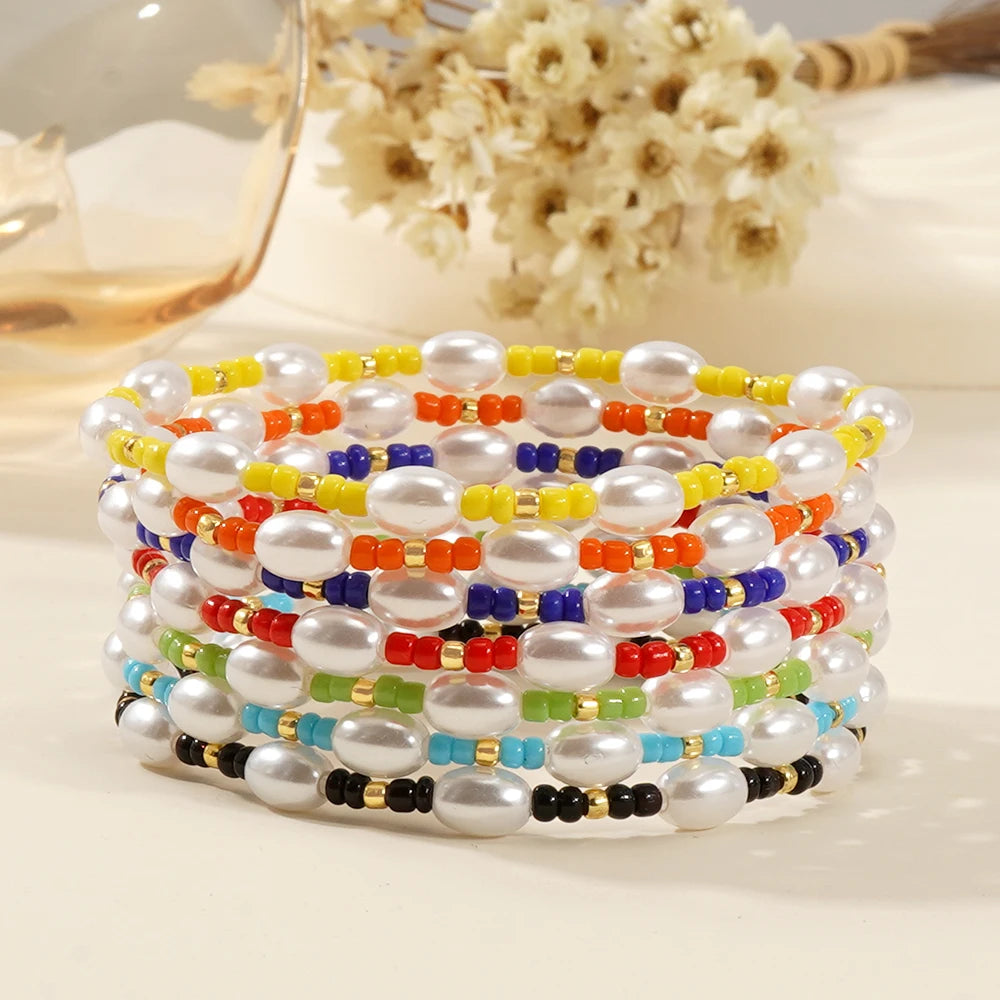 Go2boho Women's Handmade Glass Beads Imitation Pearl Friendship Bracelet Multicolor Waterproof Adjustable Beach Jewelry for Gift