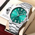 LIGE LG89153 Sports Chronograph Quartz Watch for Men Green Dial Waterproof Luminous Business Style Stainless Steel Reloj Hombre