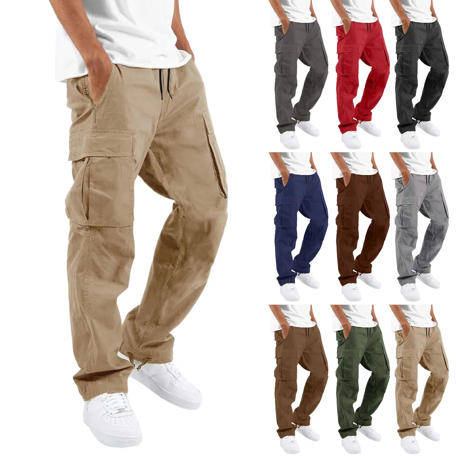 6 Pocket Cargo Pants for Men Fashion Colorful Drawstring Casual Men Pant