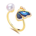 Wholesale 18k Gold Plated Abalone Shell Butterfly Elegant Natural Freshwater Pearl Ring Jewelry Women