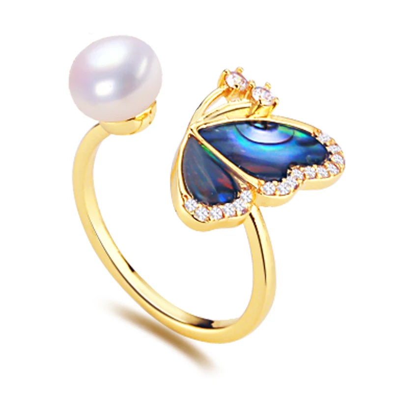 Wholesale 18k Gold Plated Abalone Shell Butterfly Elegant Natural Freshwater Pearl Ring Jewelry Women