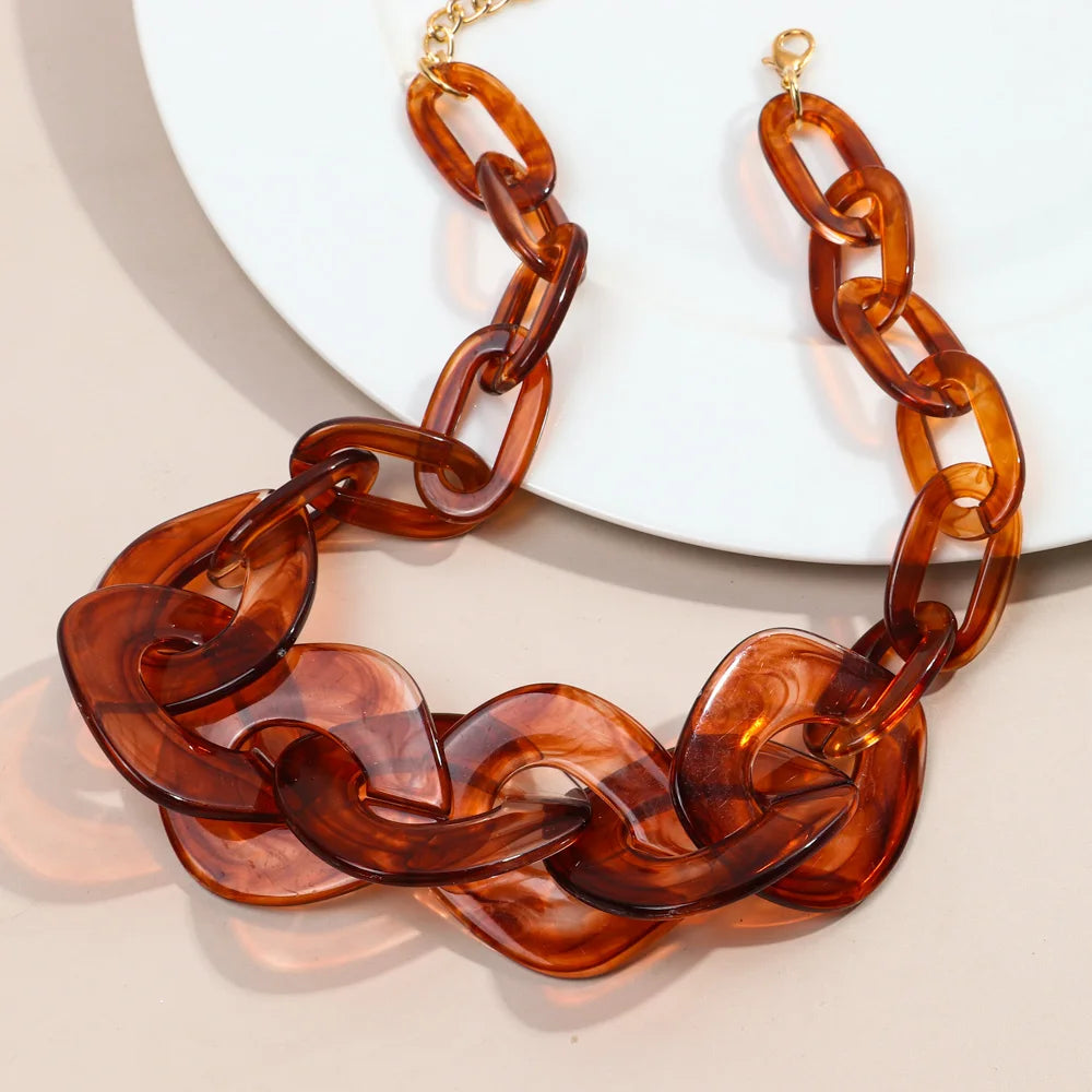 Bohemian New Exaggerated Resin Tortoiseshell Chain Collar Emerald Amber Marble Natural Stone Chunky Choker Necklace for Women